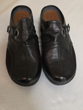 BareTraps Black Leather Slip-On Mule with Silver Buckle
